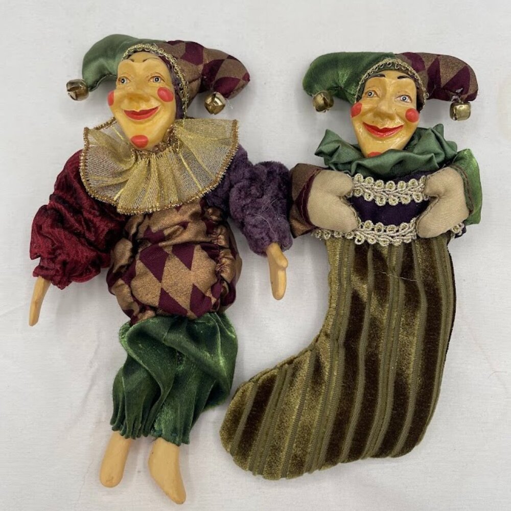 Pair of Mark Roberts Collection Green Purple Resin Velvet Jester Figurines